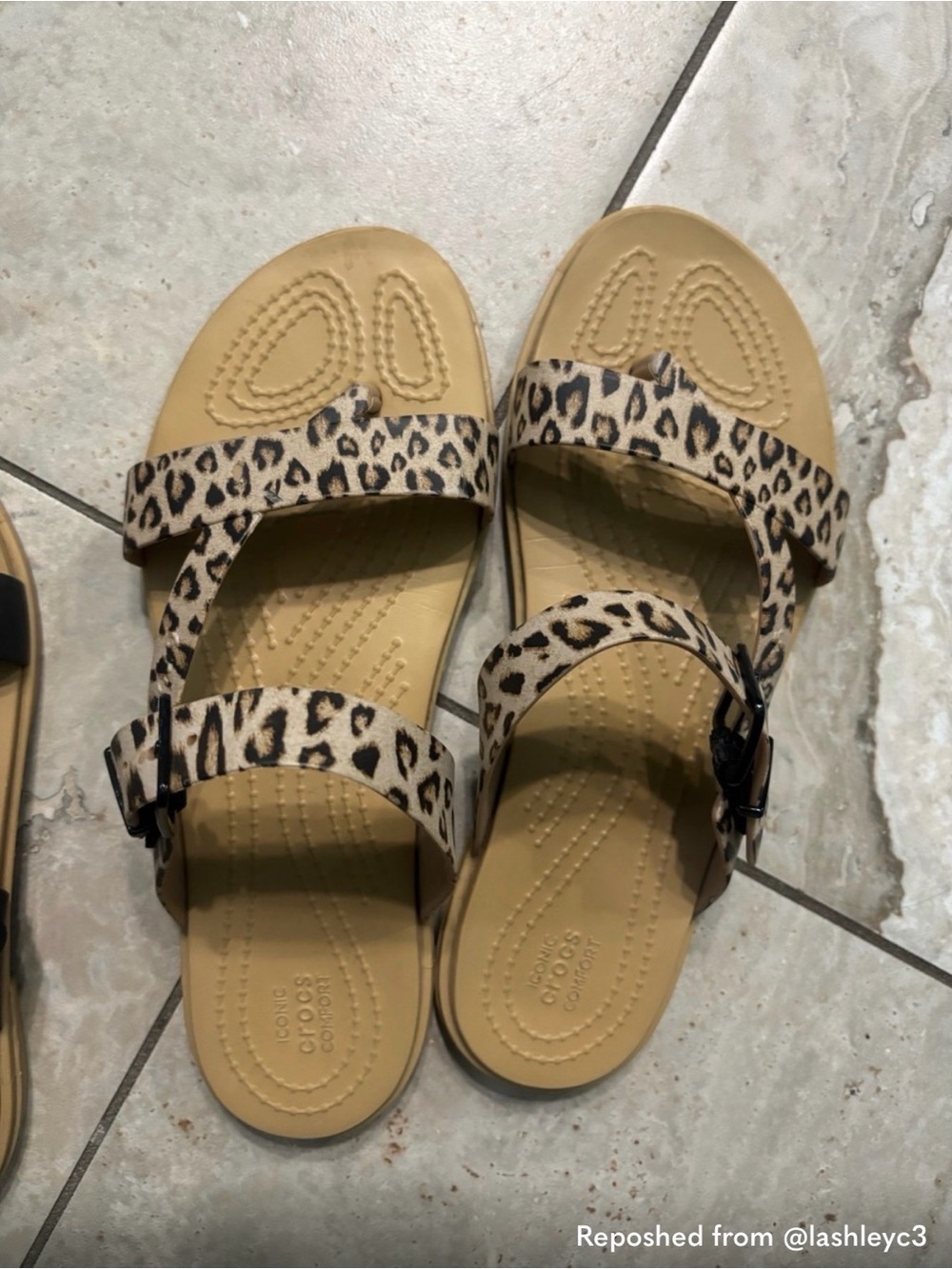 CROCS Women's Leopard Print and Black Dual-Strap Sandals on Tan Footbed